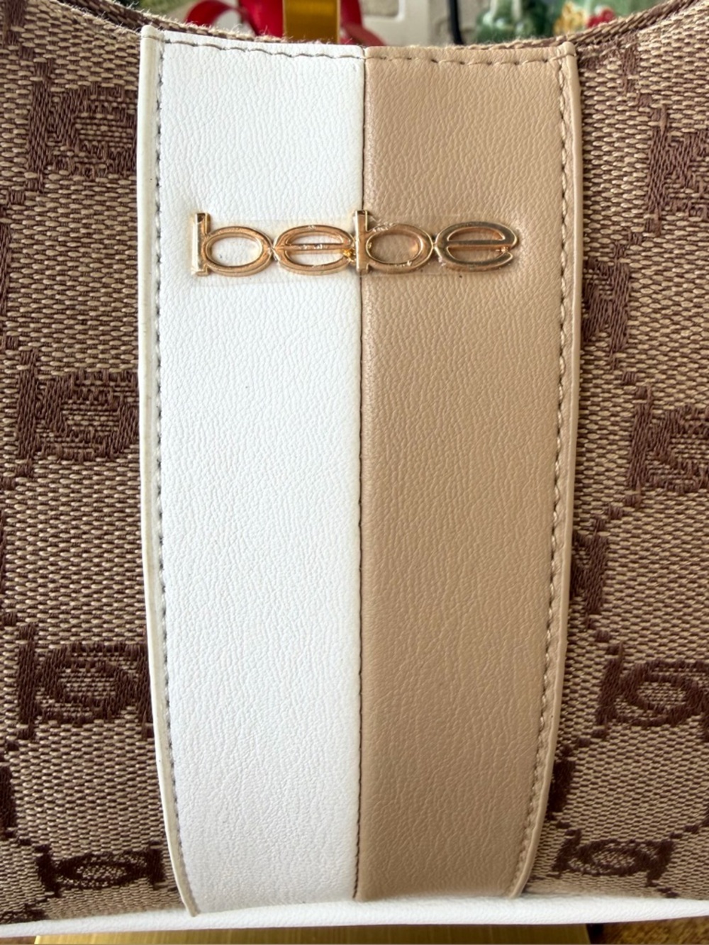 bebe Brown, White & Gold Logo Hobo Shoulder Bag with Coin Pouch - Picture 6 of 16